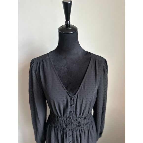 KENZIE Black Sheer V Neck Button Front Polka Dot Long Sleeve Midi Dress Size M - Picture 2 of 7